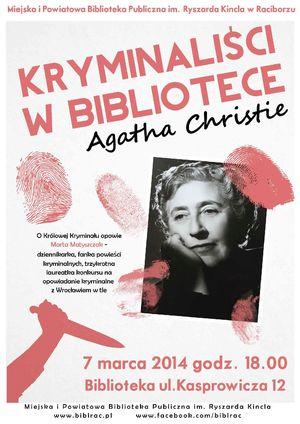 Plakat Agatha Christie w bibliotece.