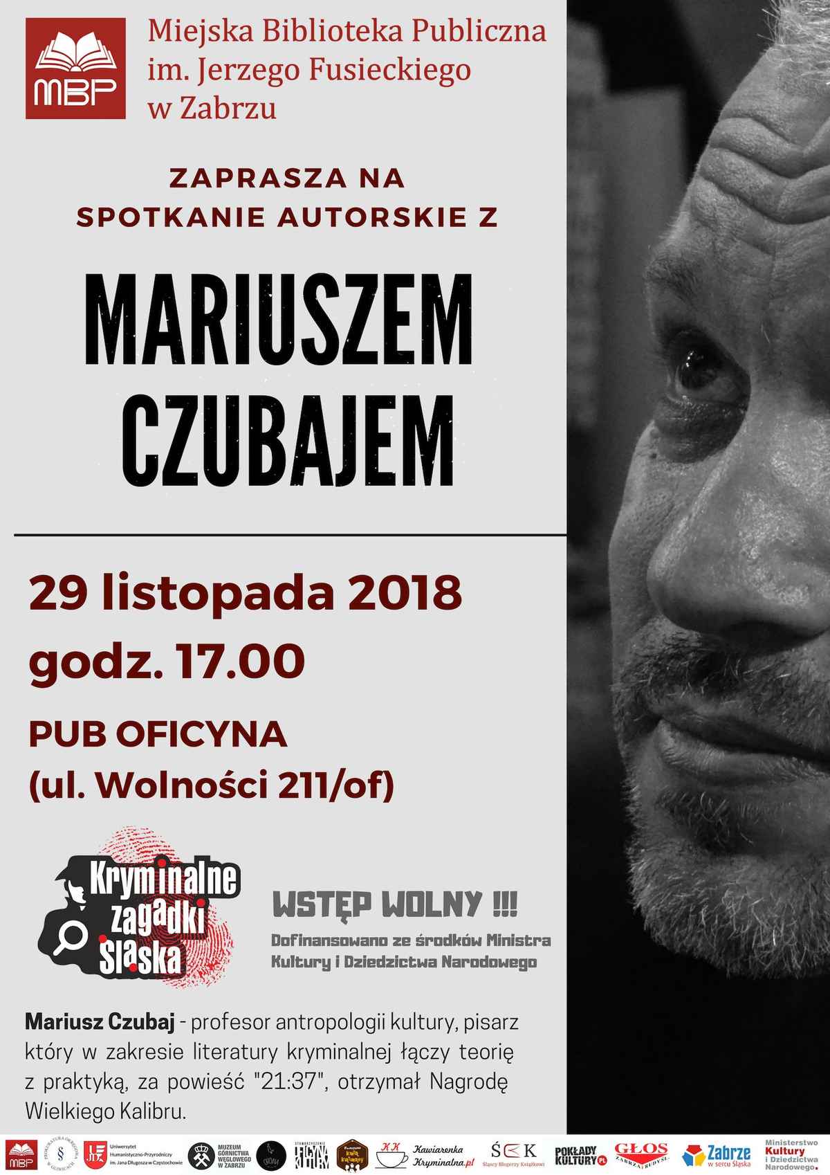 Plakat Mariusza Czubaja na Kryminalnych Zagadkach Śląska.